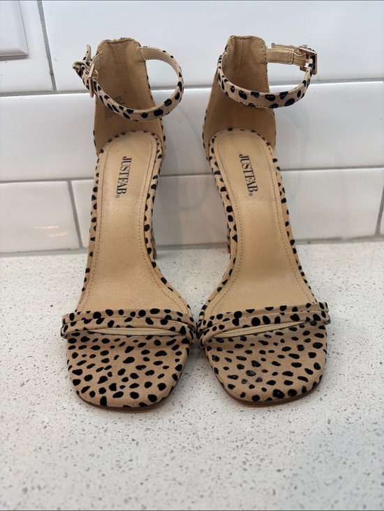 JustFab Shoes - JustFab Beige and Black Leopard Ankle-Strap Heels